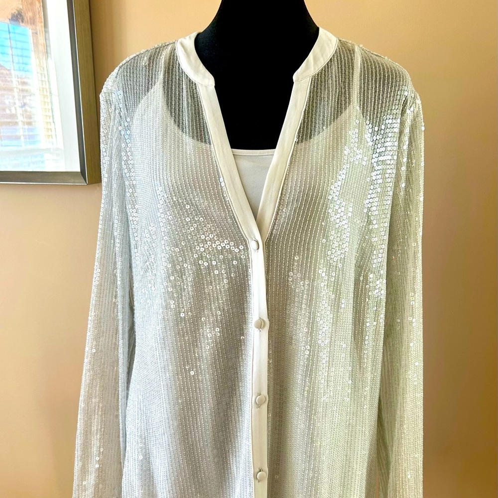White House Black Market, Large 2 piece sequins blouse & tank set, light gray